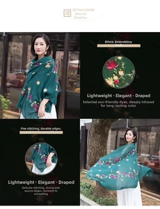 Detailed view of delicate floral embroidery on lightweight dark green ethnic shawl fabric