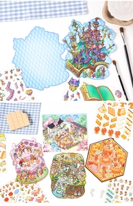 Artistic 3D fantasy scene stickers featuring fairytale castles for creative scrapbooking