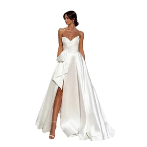 French minimalist satin wedding dress with sweetheart neckline and high side slit