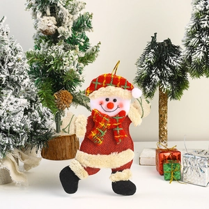 Detail of a Christmas snowman ornament with red burlap fabric and festive plush trimming