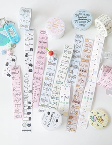 Detailed close-up of cute label washi tape rolls in Macaron colors for DIY journaling