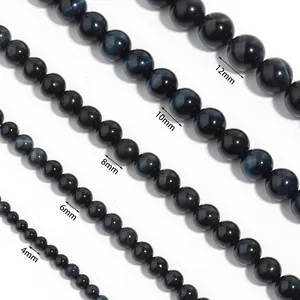Size comparison chart for blue tiger eye beads showing 4mm to 12mm round stone diameters