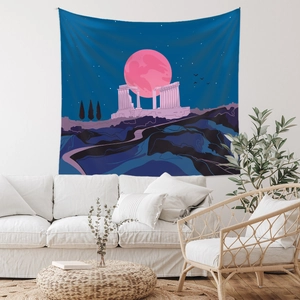 Detail of Bohemian tapestry featuring a minimalist Parthenon night scene on a living room wall