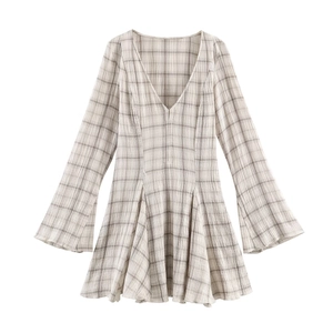 Robe Courte À Carreaux Pour Femmes Col En V Manches Longues Évasées Taille Haute Élégante Style Vintage