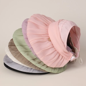 Women Wide Brim Sun Hat Elegant Pleated Organza Visor Foldable Portable UV Protection Sunshade Empty Top Beach Cap