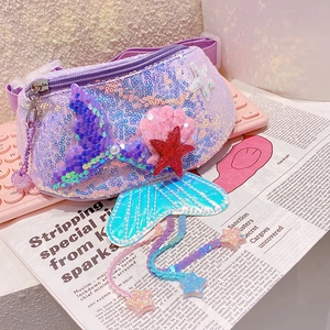 Sequin mermaid fanny pack for girls with glitter starfish shell and purple tail