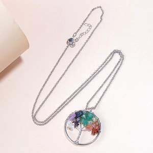 Tree of Life necklace with colorful natural stone chips and adjustable silver metal chain