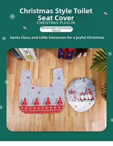 Detail of Christmas gnome and reindeer toilet seat cover set with festive forest pattern