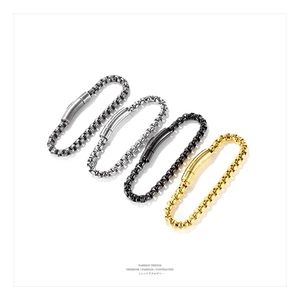 Detailed view of heavy-duty box chain bracelets in silver, gold, and black finishes