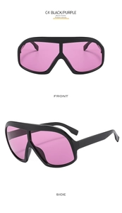 Front and side views of oversized black frame sunglasses with purple lenses