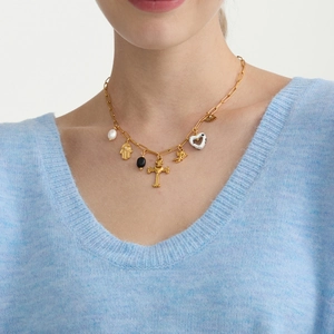 Collana retrò in acciaio inossidabile placcata oro 18K con perle e vari ciondoli