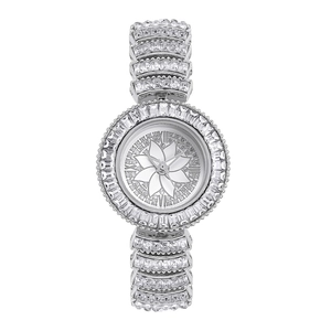 Close-up of iced out quartz watch featuring a crystal lotus dial and Roman numerals