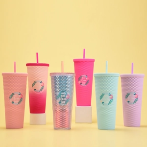 710ml double-layer studded tumblers with straw, Best Mom Ever floral design, six colors