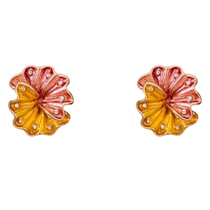 Vintage enamel flower earrings with pink yellow gradient and crystals on white background
