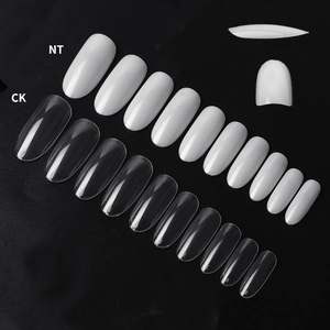 Macro detail of clear and white long oval fake nail tips showing sizes from zero to nine