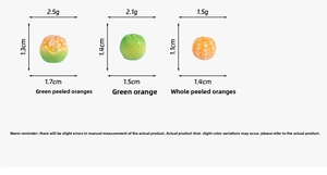 Detailed size chart showing dimensions and weights for miniature resin orange ornaments
