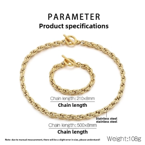 Detailed size map of golden stainless steel rope chain necklace and toggle bracelet set