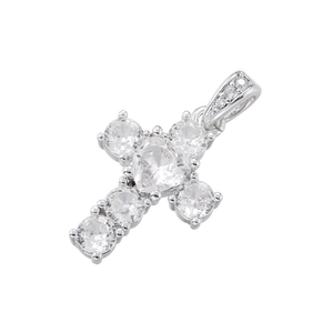 Macro shot of silver cross pendant with micro-pave clear heart-shaped cubic zirconia stones