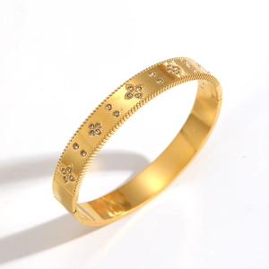 Polished 18k gold plated open bangle with diamond flower charms for women