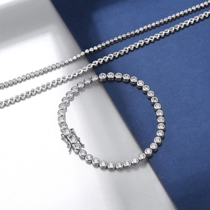 Classic silver S925 tennis chain bracelet and necklace set with round-cut sparkling stones