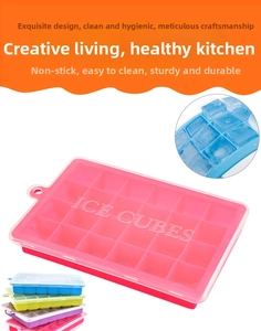 Detailed view of 24-cavity silicone ice cube tray with lid and colorful options