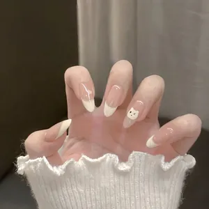Cute Milky Yellow French Style Press On Nails Cartoon Bear Heart Pattern ABS Plastic Artificial Nails For Women Daily Party Manicure