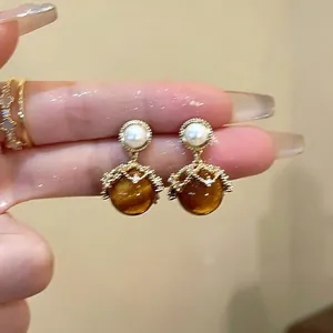 Retro Dangle Earrings 18K Gold Plated Copper Artificial Pearl Amber Cat Eye Stone With 925 Sterling Silver Earring Post For Women