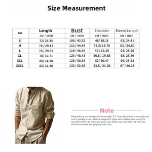 Size chart showing detailed measurements for men's linen shirt in cm and inches