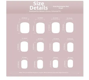 Size chart for short square press-on nails showing 12 distinct dimensions in a grid layout
