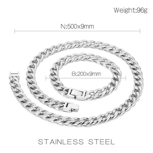 Detailed view of stainless steel Cuban chain necklace and bracelet set with dimensions