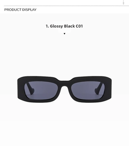 Front view of modern square bright black sunglasses with dark grey lenses on white background