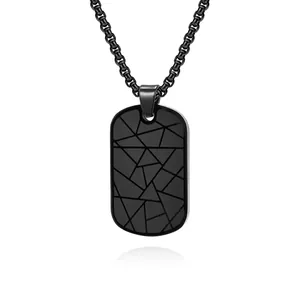 Men Stainless Steel Geometric Crack Pattern Dog Tag Pendant Necklace Minimalist Industrial Style Jewelry