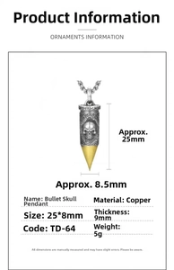 Detailed size chart for retro skull bullet pendant in silver and gold-tone copper