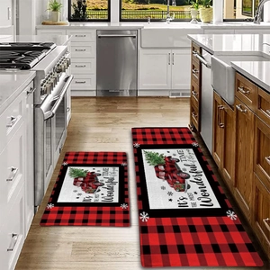 Kitchen decor mat set with red truck Christmas tree design on red and black buffalo plaid