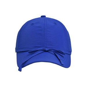 Detail of dark blue quick-dry sun hat with mesh vents and a decorative bow tie