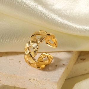 Minimalist gold woven texture stainless steel open ring with adjustable band design