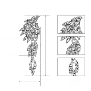 Macro detail of leaf-shaped bridal earrings with Austrian crystals and dimensions