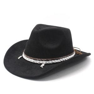 Black faux suede western cowboy hat with ethnic leather band and boot charms on white background