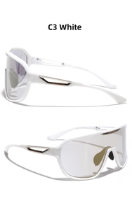 Detail of white Y2K sports sunglasses with metallic hollow temples and C3 color code