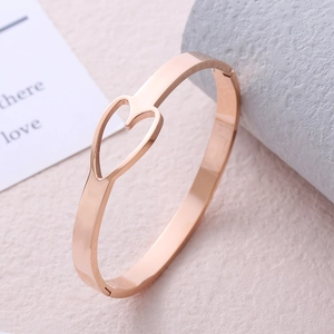 Rose gold heart cutout stainless steel open hinge bangle bracelet for women