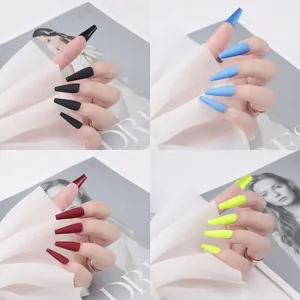 Extra long matte coffin press on nails in black, blue, burgundy and neon green colors