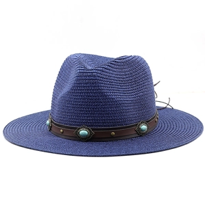 Cappello fedora in paglia blu navy con fascia in pelle boho e pietre turchesi per donna