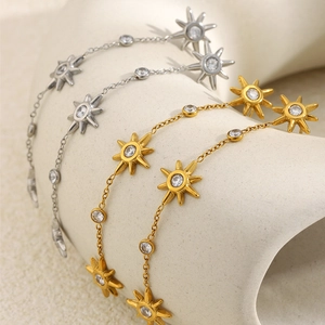 Eight-Pointed Star Long Drop Earrings Stainless Steel 18K Gold Plated Zircon Tassel Sunburst Elegant For Women