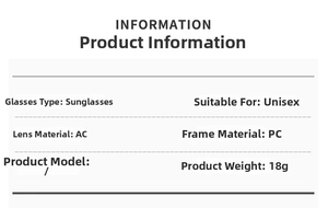 Detailed product specifications for triangle cat eye sunglasses with AC lens and PC frame