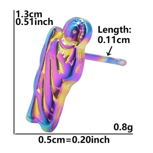 Detailed sizing of colorful 304 stainless steel religious stud earring measuring 1.3cm