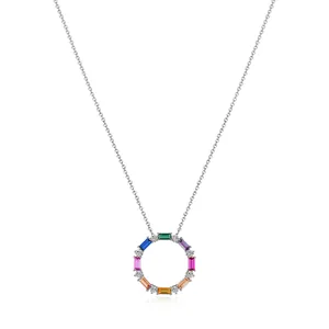S925 sterling silver necklace featuring a circular pendant with rainbow zircon stones