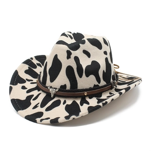 British style cow print wool felt jazz hat with leather band and metal ox head ornament