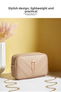 Detailed close-up of beige quilted crossbody bag with gold buckle and chain strap