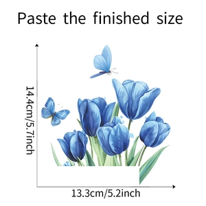 Detailed size specifications for watercolor blue tulip and butterfly wall sticker