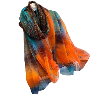 Artistic abstract print long silk scarf for women in orange and lake blue gradient